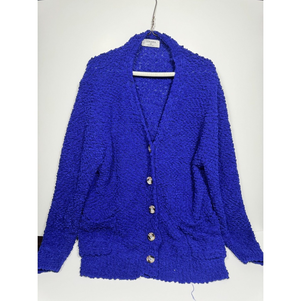 Zenana Cardigan Sweater Womens 1X Royal Blue Popcorn Knit Ribbed Button Front